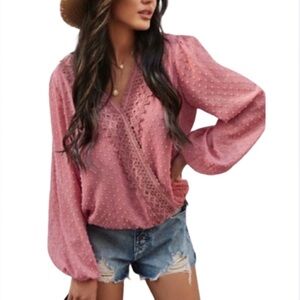 Miss Sparkling Pink Mauve Boho Lace Embroidered Dot Surplice Blouse Medium